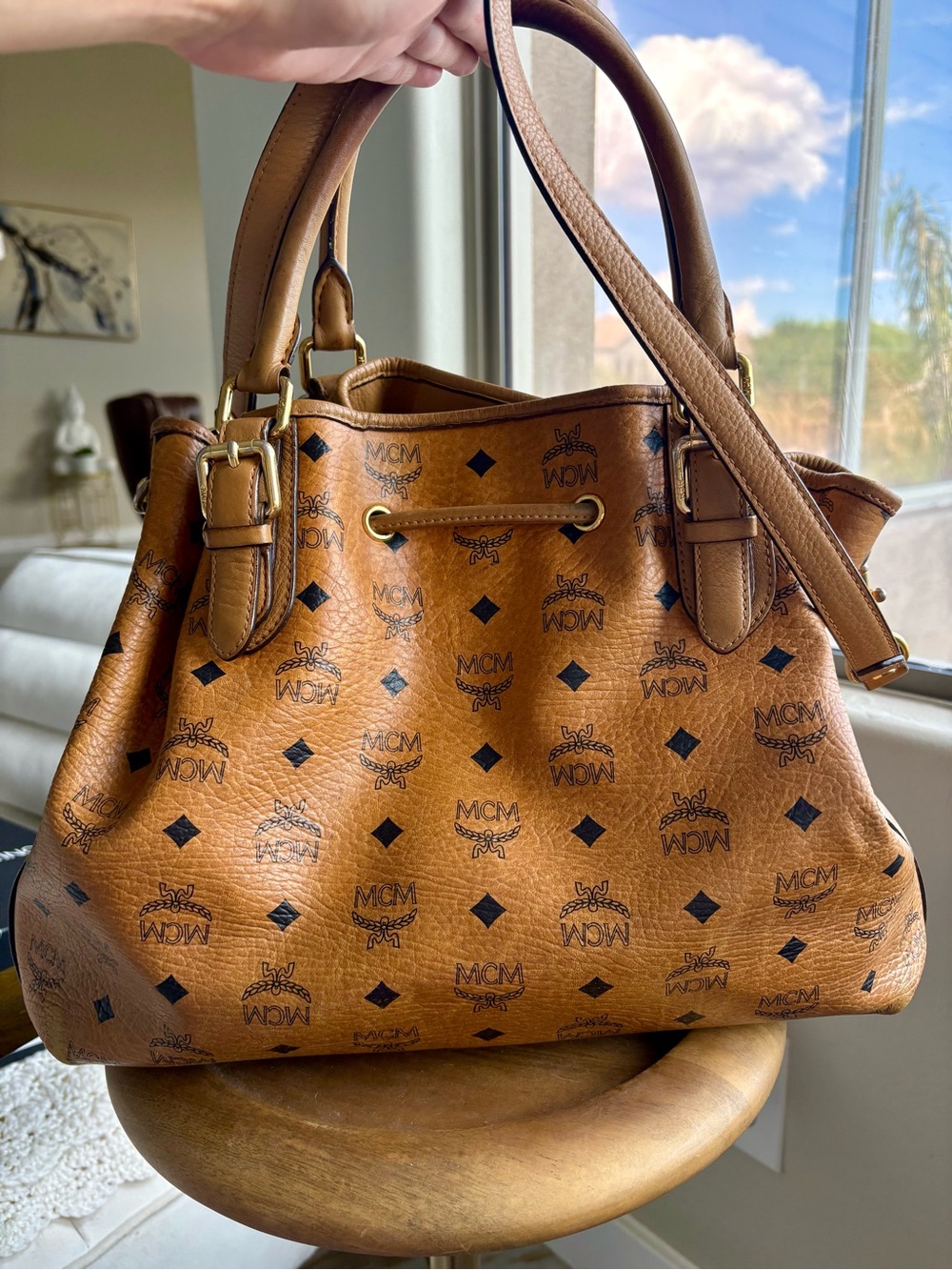 Gorgeous MCM Cognac Visetos Drawstring Shoulder Leather Bag with Gold Hardware - Picture 12 of 13